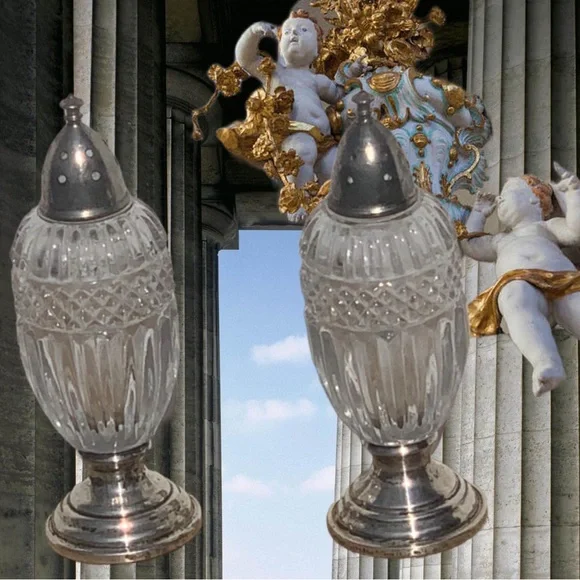 Antique Sterling Silver Sheffield Silver Co NY Crystal Salt & Pepper Shakers - Picture 7 of 10